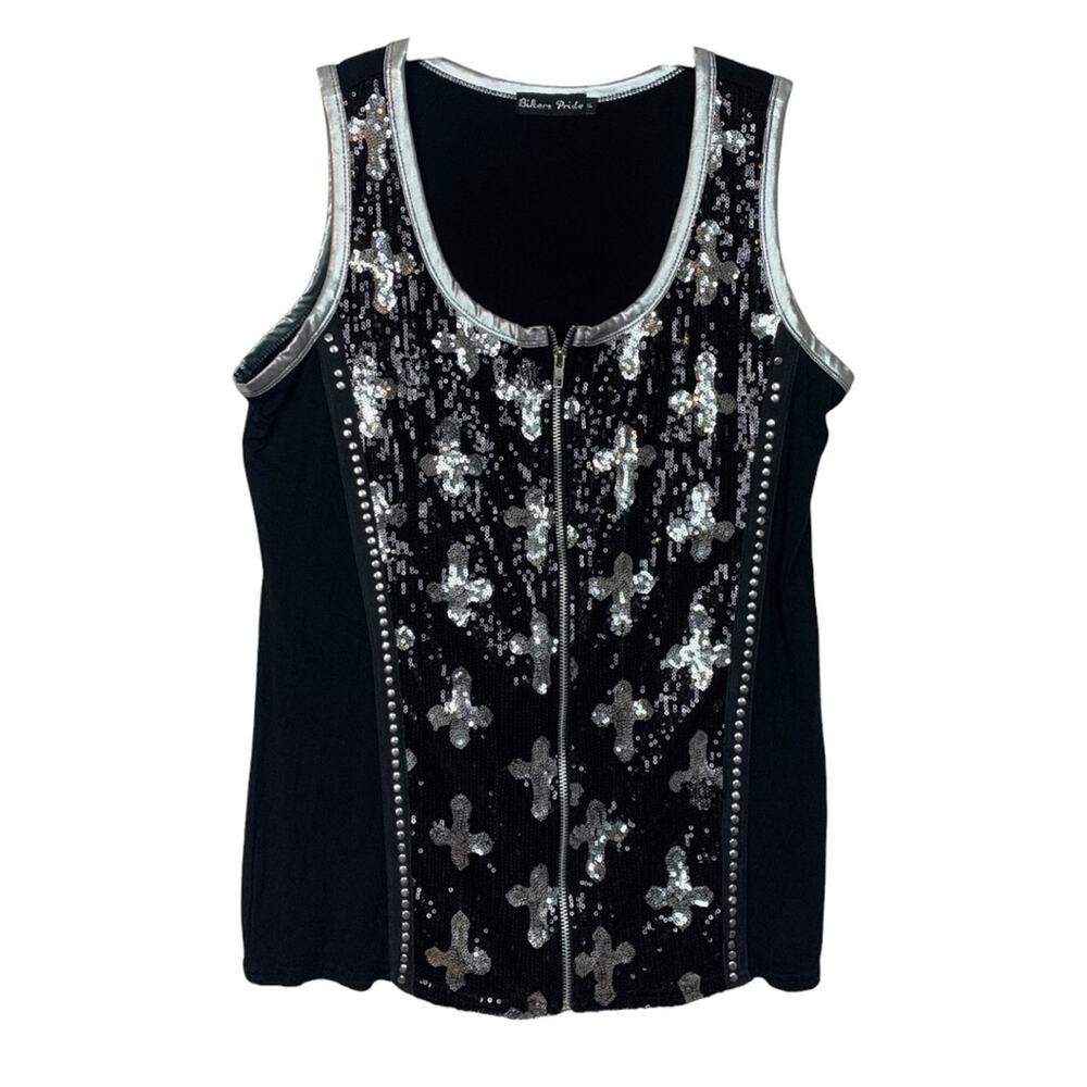 Biker Pride womens XL large black tank sequin cross silver moto harley zip up